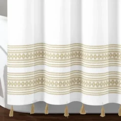 Kirkland's Home Shower Curtains-Neutral Striped And Tasseled Shower Curtain