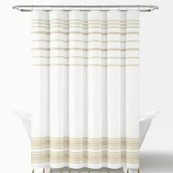 Kirkland's Home Shower Curtains-Neutral Striped And Tasseled Shower Curtain