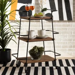 Kirkland's Home Kitchen Islands & Bar Carts-Norris Walnut 3-Tier Mobile Bar Cart