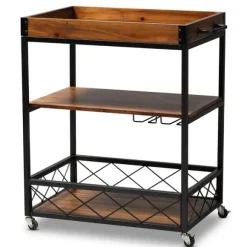 Kirkland's Home Kitchen Islands & Bar Carts-Oak And Black Metal Bar Cart With Stemware Rack