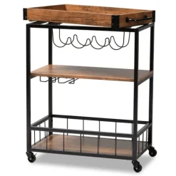 Kirkland's Home Kitchen Islands & Bar Carts-Oak And Black Metal Bar Cart With Bottle Rack