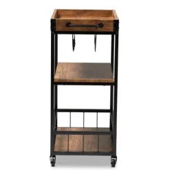 Kirkland's Home Kitchen Islands & Bar Carts-Oak And Black Metal Bar Cart With Bottle Rack