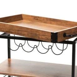 Kirkland's Home Kitchen Islands & Bar Carts-Oak And Black Metal Bar Cart With Bottle Rack