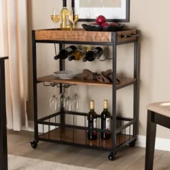 Kirkland's Home Kitchen Islands & Bar Carts-Oak And Black Metal Bar Cart With Bottle Rack