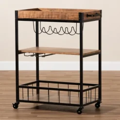 Kirkland's Home Kitchen Islands & Bar Carts-Oak And Black Metal Bar Cart With Bottle Rack