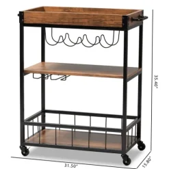 Kirkland's Home Kitchen Islands & Bar Carts-Oak And Black Metal Bar Cart With Bottle Rack