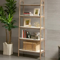 Kirkland's Home Bookshelves-Off White Wood Shelves With Natural Frame Bookcase