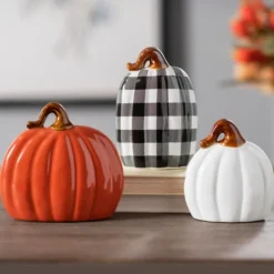 Kirkland's Home Statues & Figurines-Orange, White, & Buffalo Check Pumpkins, Set Of 3