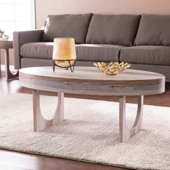 Kirkland's Home Coffee Tables-Oval Marbled Wood Coffee Table