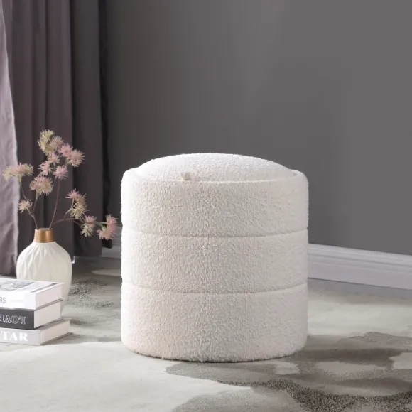 Kirkland's Home Benches & Ottomans-Round Cream Boucle Storage Ottoman