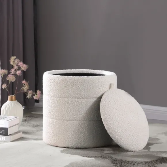 Kirkland's Home Benches & Ottomans-Round Cream Boucle Storage Ottoman