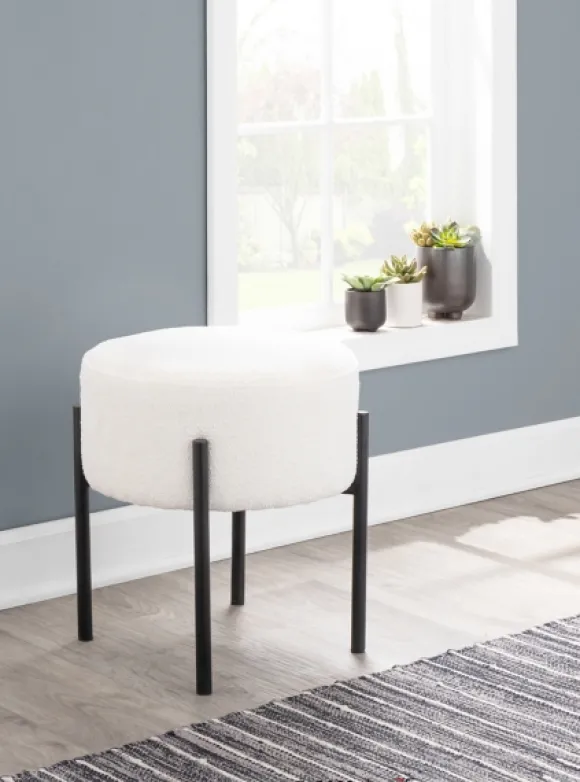 Kirkland's Home Benches & Ottomans-Round Cream Upholstered Metal Base Ottoman