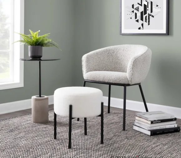 Kirkland's Home Benches & Ottomans-Round Cream Upholstered Metal Base Ottoman