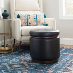 Kirkland's Home Benches & Ottomans-Round Faux Leather Storage Ottoman