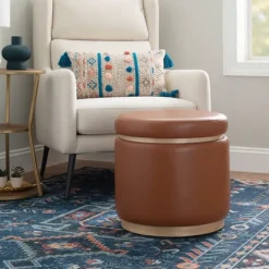 Kirkland's Home Benches & Ottomans-Round Faux Leather Storage Ottoman