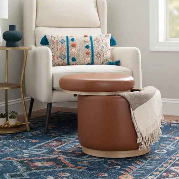 Kirkland's Home Benches & Ottomans-Round Faux Leather Storage Ottoman