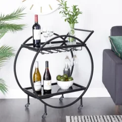 Kirkland's Home Kitchen Islands & Bar Carts-Round Metal And Glass 2-Ter Bar Cart