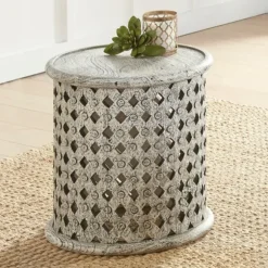 Kirkland's Home Accent & End Tables-Round White Wood Lattice Accent Table