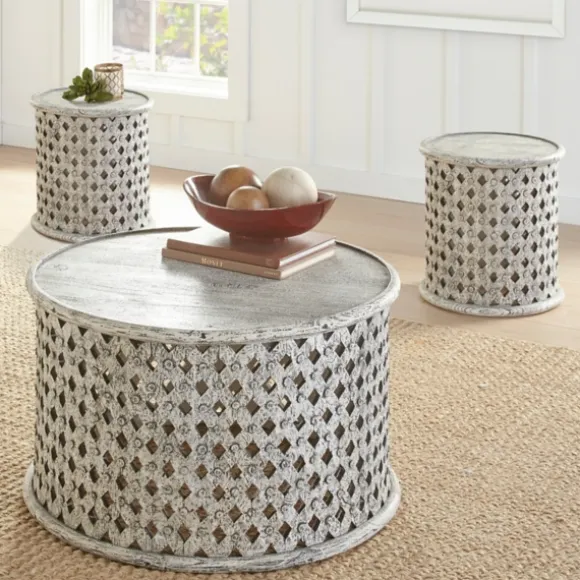 Kirkland's Home Accent & End Tables-Round White Wood Lattice Accent Table