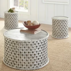 Kirkland's Home Coffee Tables-Round White Wood Lattice Coffee Table
