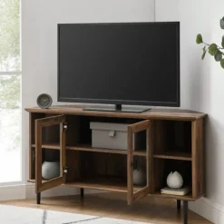 Kirkland's Home Tv Stands & Media Consoles-Rustic Oak Glass Door Corner Tv Stand