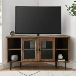 Kirkland's Home Tv Stands & Media Consoles-Rustic Oak Glass Door Corner Tv Stand