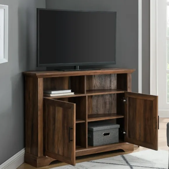 Kirkland's Home Tv Stands & Media Consoles-Rustic Oak Grooved Door Corner Tv Stand