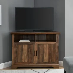 Kirkland's Home Tv Stands & Media Consoles-Rustic Oak Grooved Door Corner Tv Stand