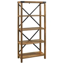 Kirkland's Home Office Furniture-Rustic Oak Metal X Frame Back Bookshelf
