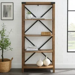Kirkland's Home Office Furniture-Rustic Oak Metal X Frame Back Bookshelf