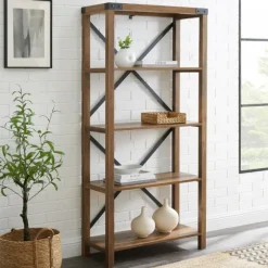 Kirkland's Home Office Furniture-Rustic Oak Metal X Frame Back Bookshelf