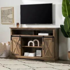 Kirkland's Home Tv Stands & Media Consoles-Rustic Oak Sliding Barn Door Highboy Tv Stand