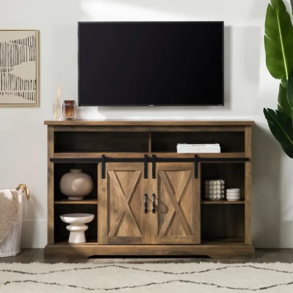 Kirkland's Home Tv Stands & Media Consoles-Rustic Oak Sliding Barn Door Highboy Tv Stand