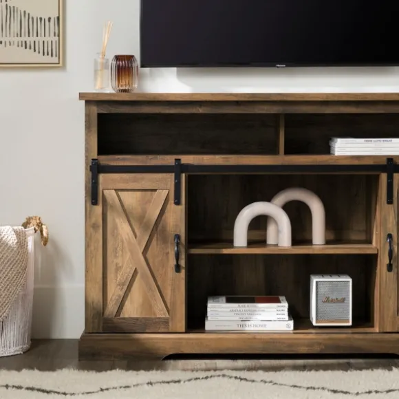 Kirkland's Home Tv Stands & Media Consoles-Rustic Oak Sliding Barn Door Highboy Tv Stand