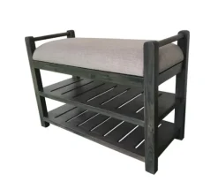 Kirkland's Home Benches & Ottomans-Rustic Slats Dark Acacia Wood Upholstered Bench
