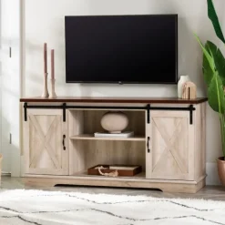 Kirkland's Home Tv Stands & Media Consoles-Sliding Barn Door Open Shelf White Tv Stand