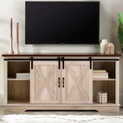 Kirkland's Home Tv Stands & Media Consoles-Sliding Barn Door Open Shelf White Tv Stand