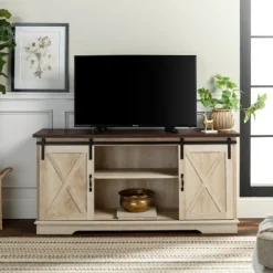 Kirkland's Home Tv Stands & Media Consoles-Sliding Barn Door Open Shelf White Tv Stand