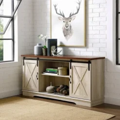 Kirkland's Home Tv Stands & Media Consoles-Sliding Barn Door Open Shelf White Tv Stand
