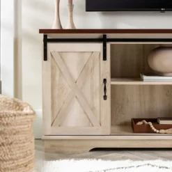Kirkland's Home Tv Stands & Media Consoles-Sliding Barn Door Open Shelf White Tv Stand