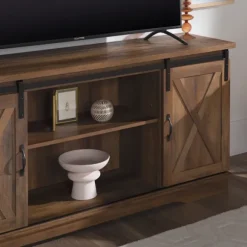 Kirkland's Home Tv Stands & Media Consoles-Sliding Barn Door Open Shelf Oak Tv Stand