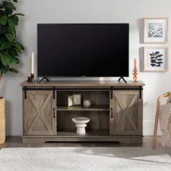 Kirkland's Home Tv Stands & Media Consoles-Sliding Barn Door Open Shelf Wash Tv Stand