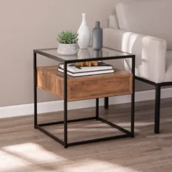 Kirkland's Home Accent & End Tables-Square Metal And Wood Glass Top Accent Table