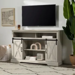 Kirkland's Home Tv Stands & Media Consoles-Stone Sliding Barn Door Highboy Tv Stand