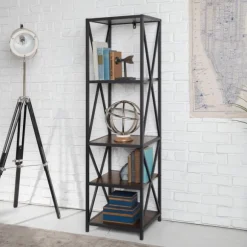 Kirkland's Home Office Furniture-Tall Metal X-Framed Dark Walnut Bookshelf