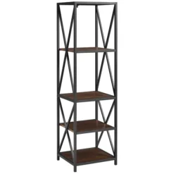 Kirkland's Home Office Furniture-Tall Metal X-Framed Dark Walnut Bookshelf