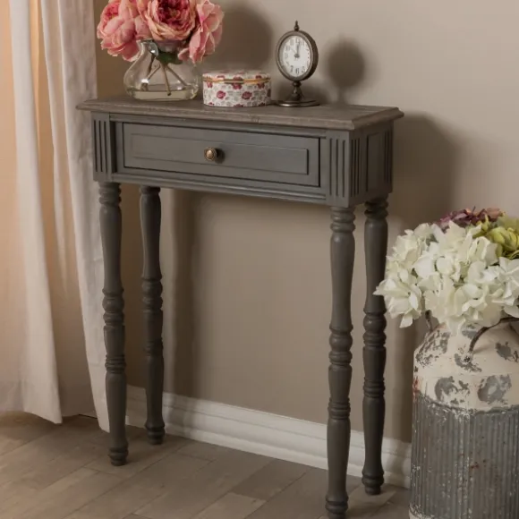 Kirkland's Home Console Tables-Tan And Gray Ornate Ball Turned Console Table