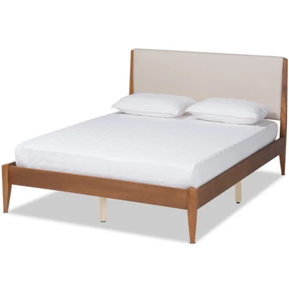 Kirkland's Home Beds & Headboards-Tan Upholstered Brown Wood King Platform Bed
