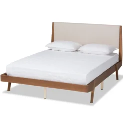 Kirkland's Home Beds & Headboards-Tan Upholstered Brown Wood Queen Platform Bed