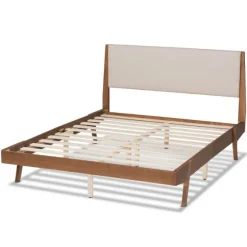 Kirkland's Home Beds & Headboards-Tan Upholstered Brown Wood Queen Platform Bed